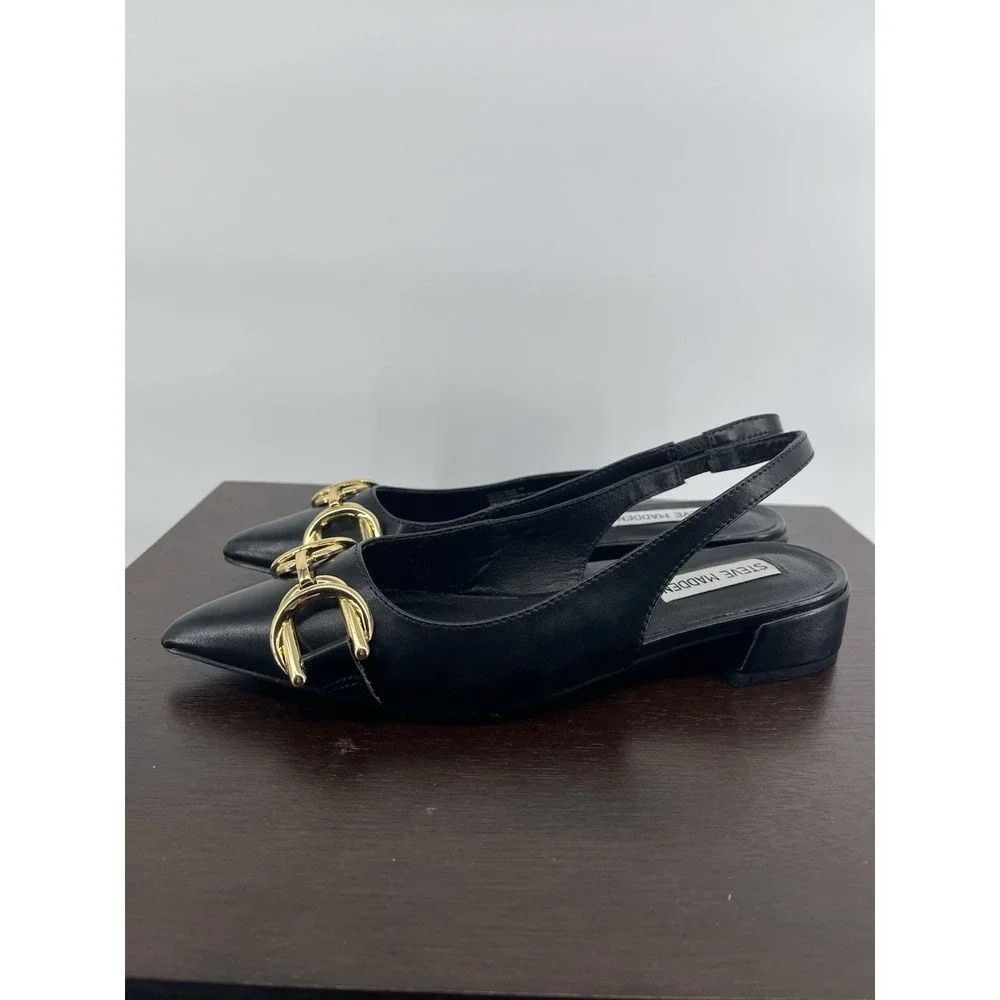 Steve Madden Womens Caitie Size 6 Leather Slingback Low Heel Black Gold Hardware